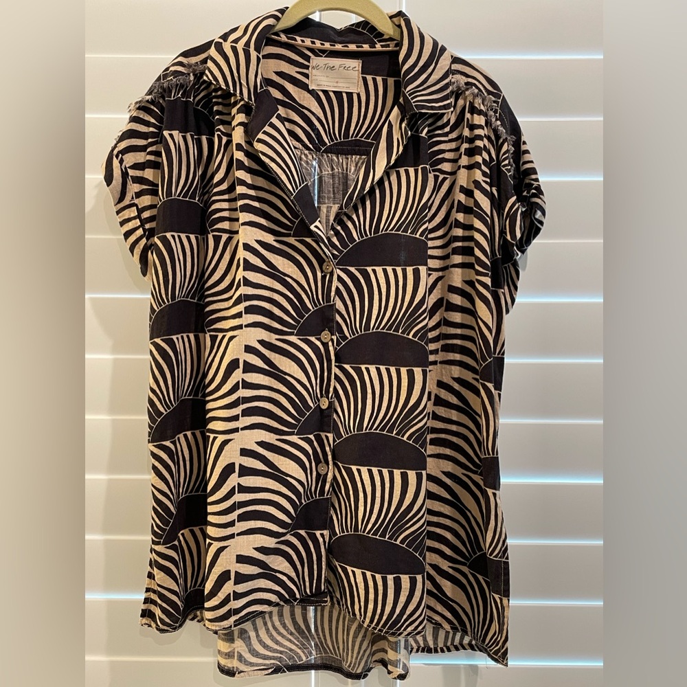Free People We The Free Black and Tan Print Button Down Shirt